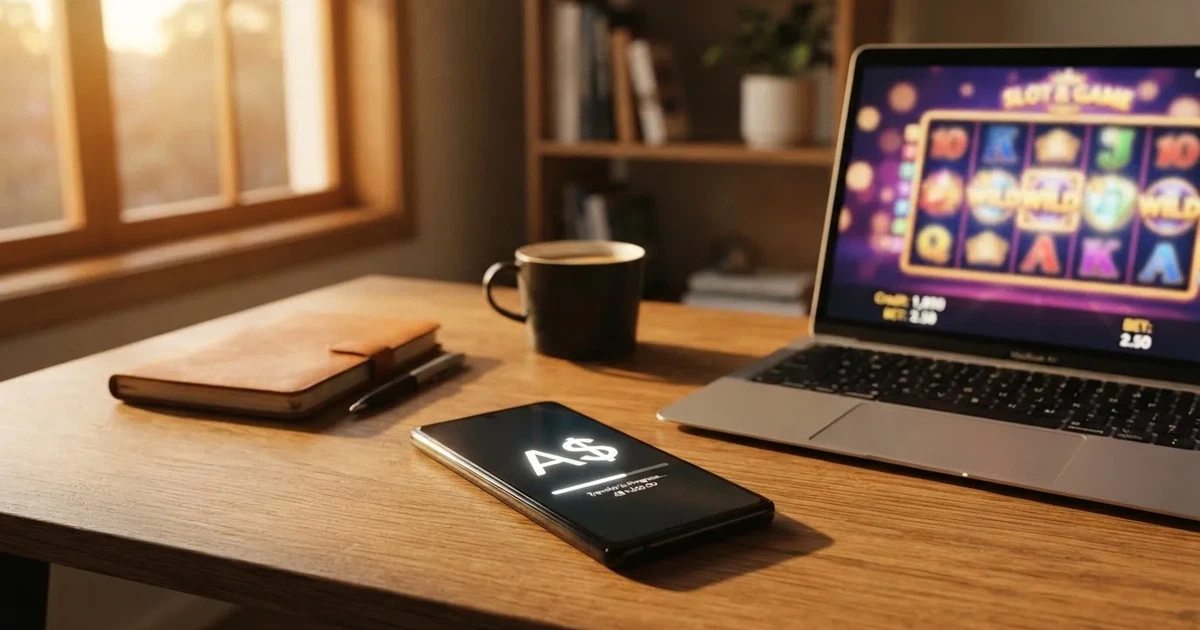 Close-up of a smartphone banking app open beside a laptop on a home desk, mid-transfer.