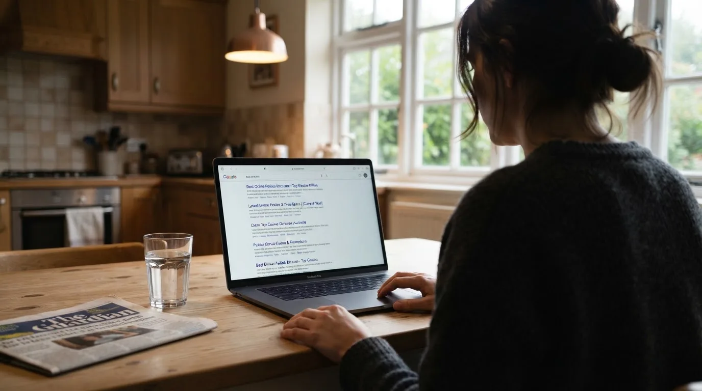 A person sits at a kitchen table, scrolling a laptop showing a general search results page about pokies bonus offers.