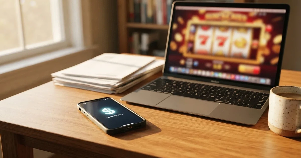 Close-up of a smartphone banking app open beside a laptop on a home desk, mid-transfer.
