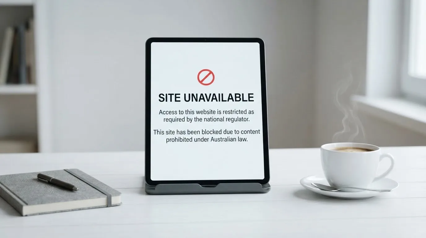 A tablet on a desk displays a plain government-style warning notice page, with a coffee cup beside it.