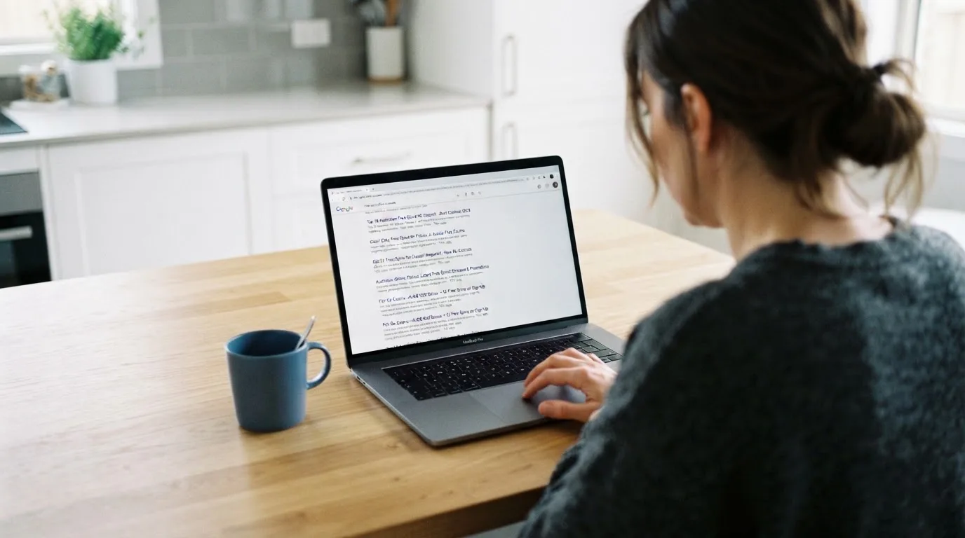 A person sits at a kitchen table, scrolling a laptop showing a general search results page about free spins offers.
