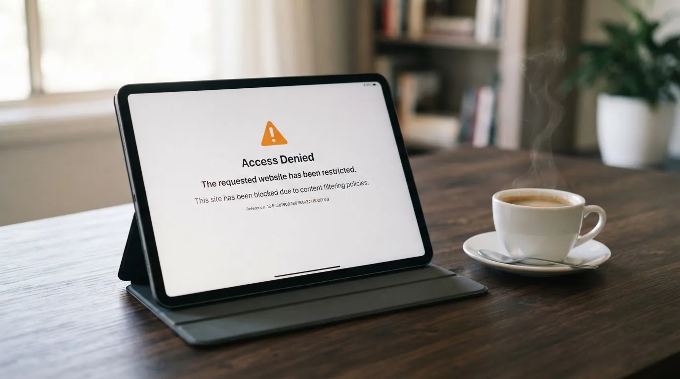 A tablet on a desk displays a plain government-style warning notice page, with a coffee cup beside it.