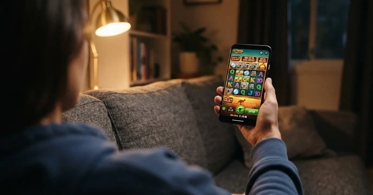 A phone screen shows a list of promotional bonus tiles as someone scrolls with one thumb on a couch.