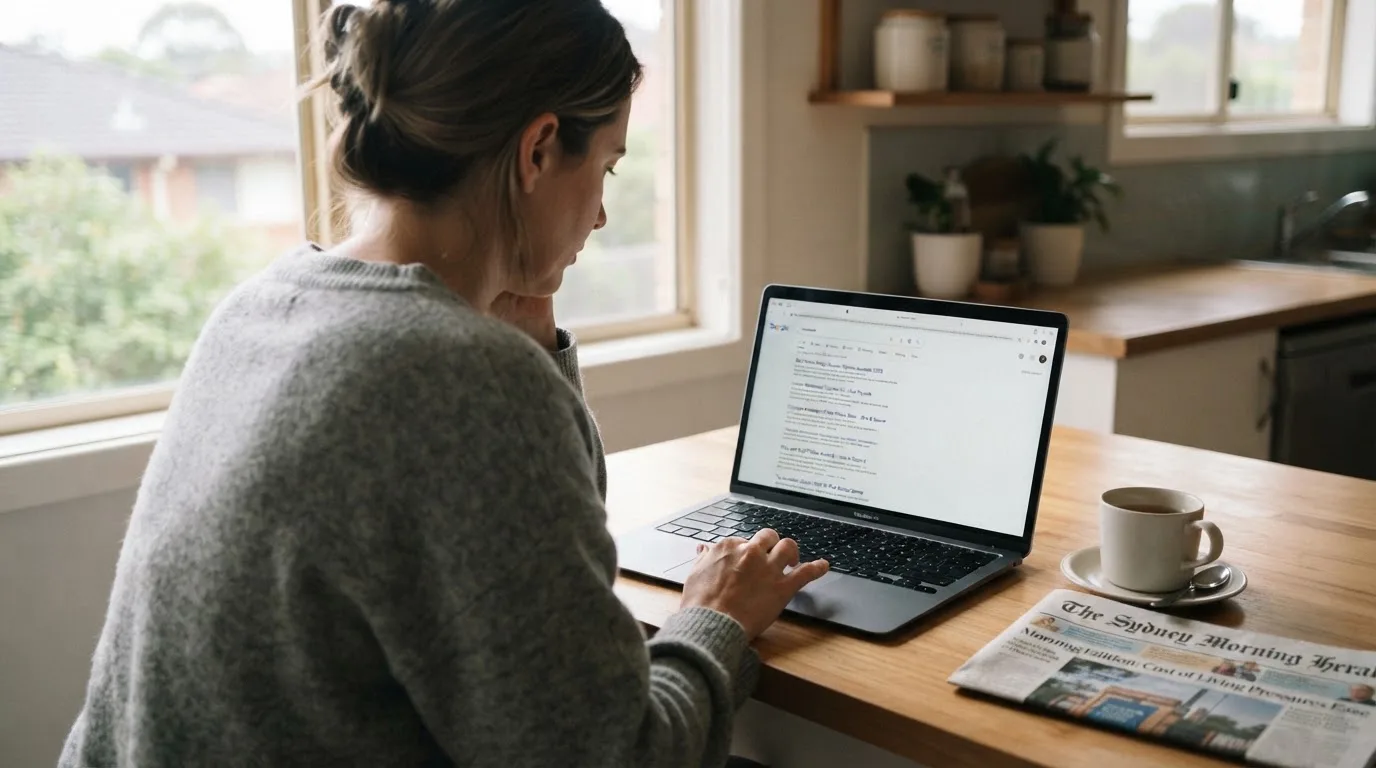 A person sits at a kitchen table, scrolling a laptop showing a general search results page about pokies deposit options.