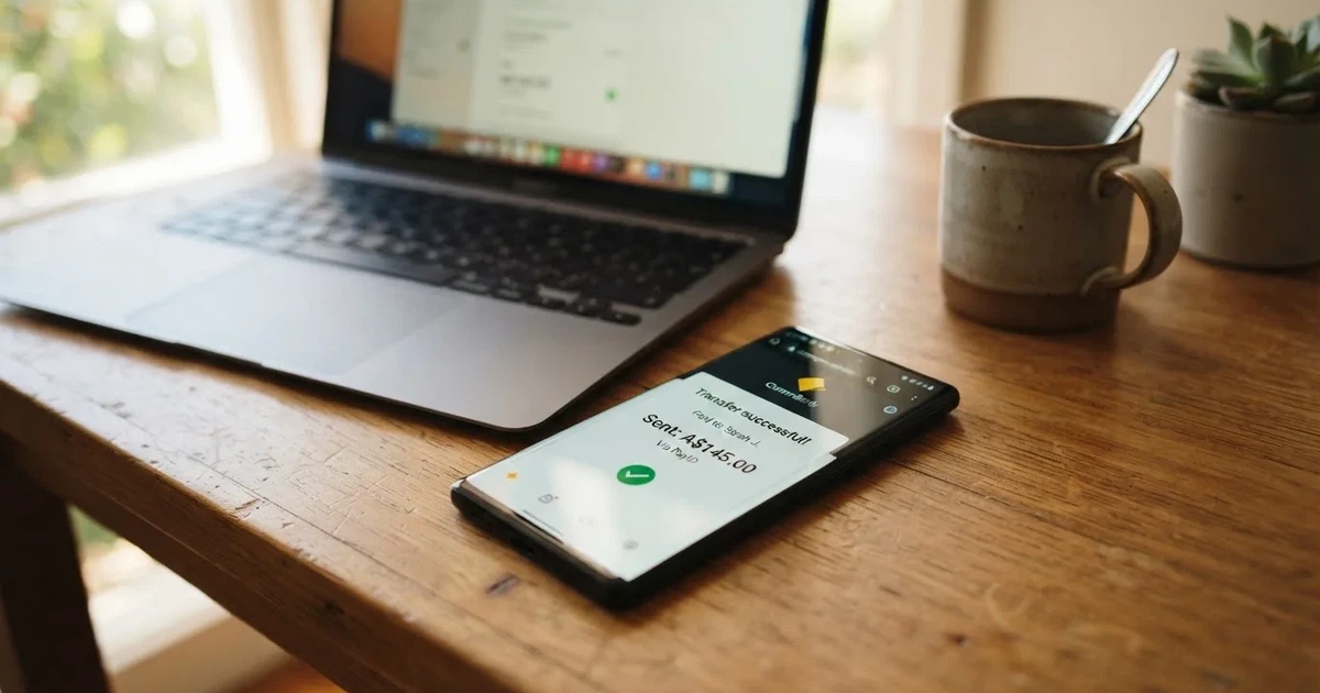 Close-up of a smartphone banking app open beside a laptop on a home desk, mid-transfer.