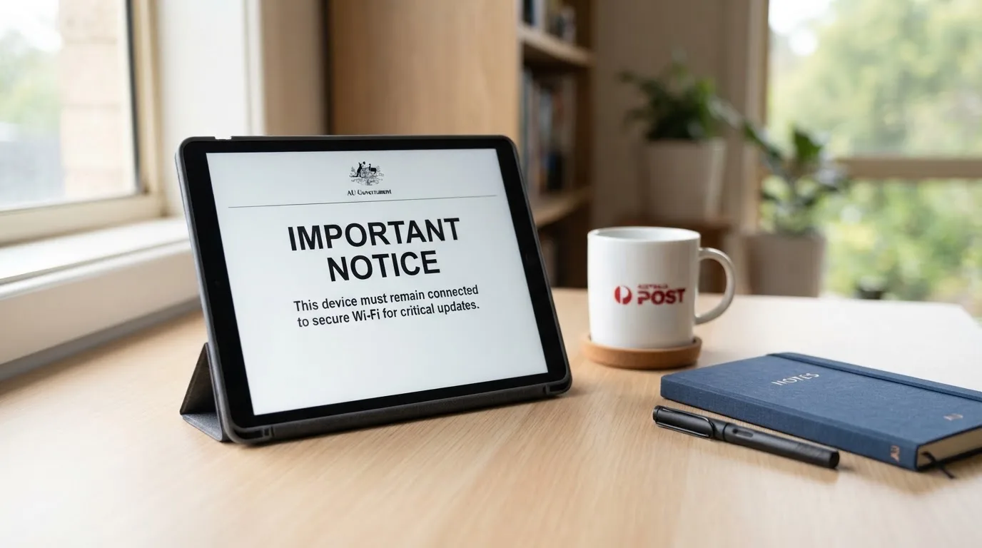 A tablet on a desk displays a plain government-style warning notice page, with a coffee cup beside it.