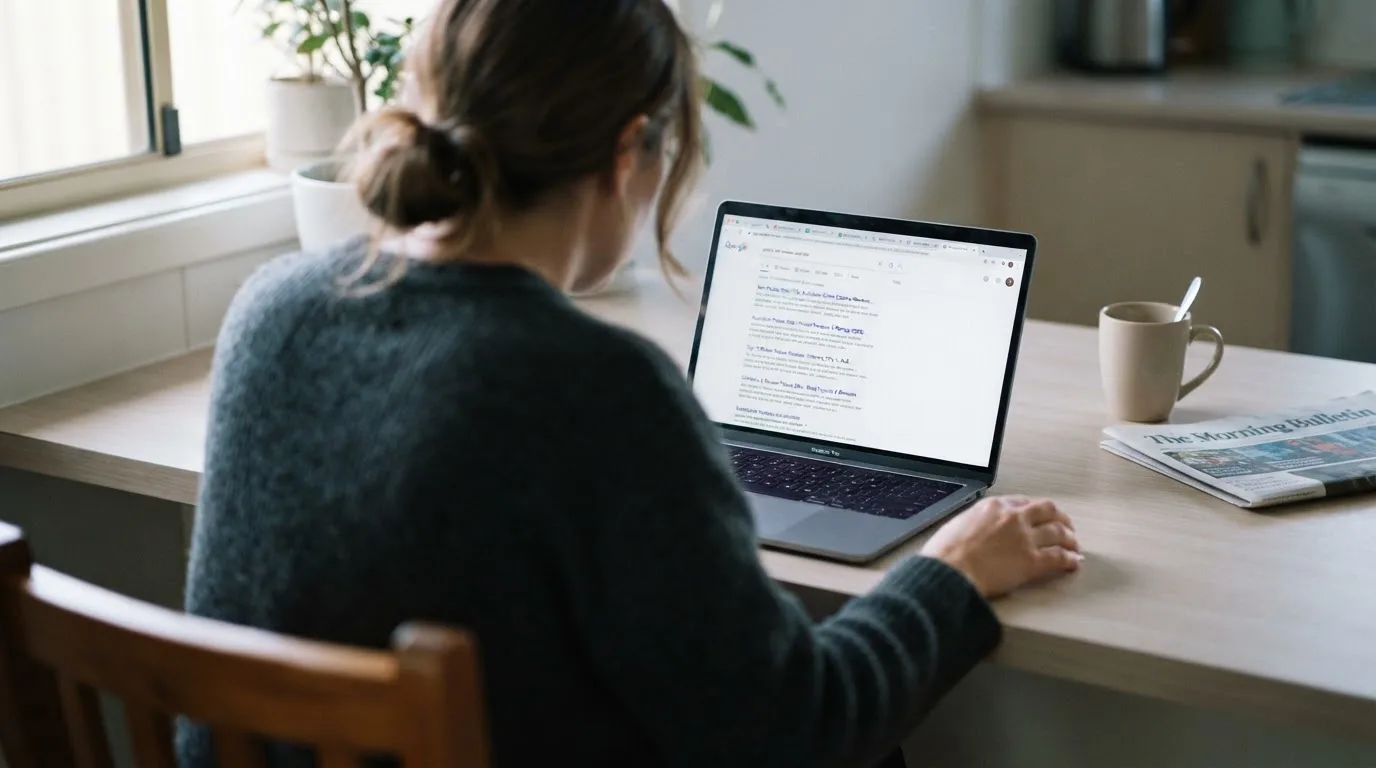 A person sits at a kitchen table, scrolling a laptop showing a general search results page about a review of a pokies site.