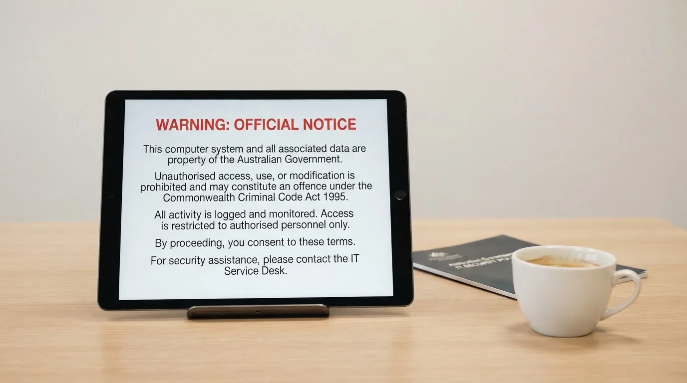 A tablet on a desk displays a plain government-style warning notice page, with a coffee cup beside it.