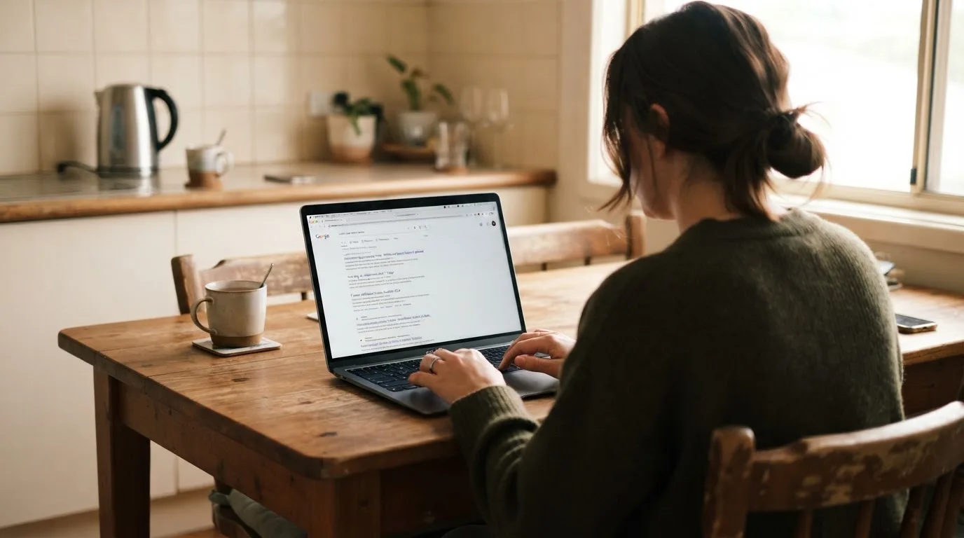 A person sits at a kitchen table, scrolling a laptop showing a general search results page about withdrawal speed claims.