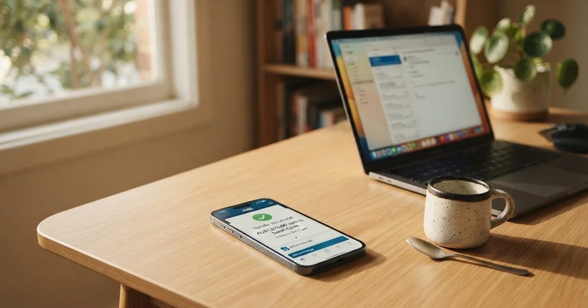 Close-up of a smartphone banking app open beside a laptop on a home desk, mid-transfer.