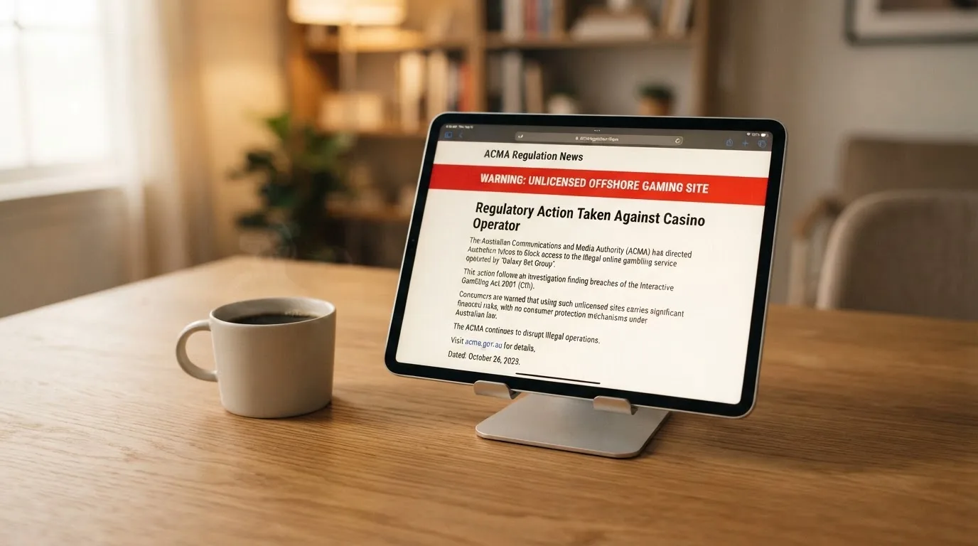 A tablet on a desk displays a plain government-style warning notice page, with a coffee cup beside it.