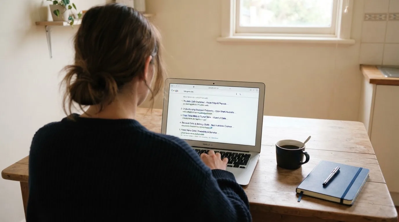 A person sits at a kitchen table, scrolling a laptop showing a general search results page about table game odds.