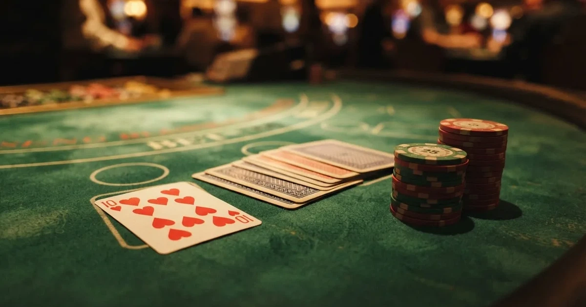A close-up of a blackjack table felt with cards and chips laid out, no dealer or players visible.