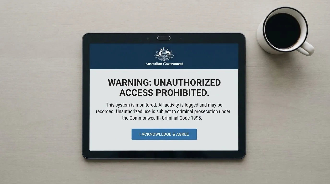 A tablet on a desk displays a plain government-style warning notice page, with a coffee cup beside it.