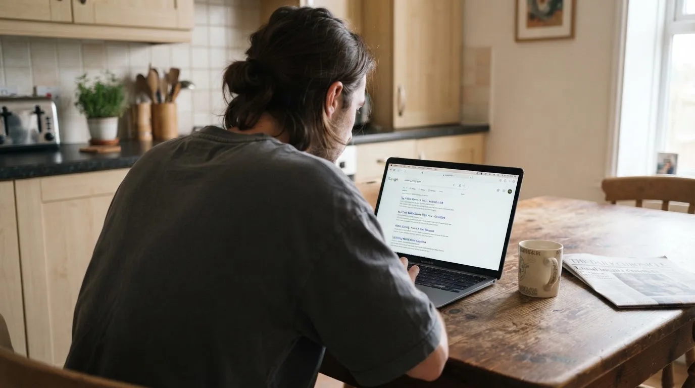 A person sits at a kitchen table, scrolling a laptop showing a general search results page about pokies apps.