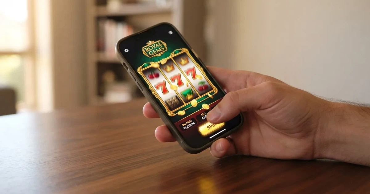A hand holds a smartphone with an app icon grid visible on the home screen, thumb hovering over the display.