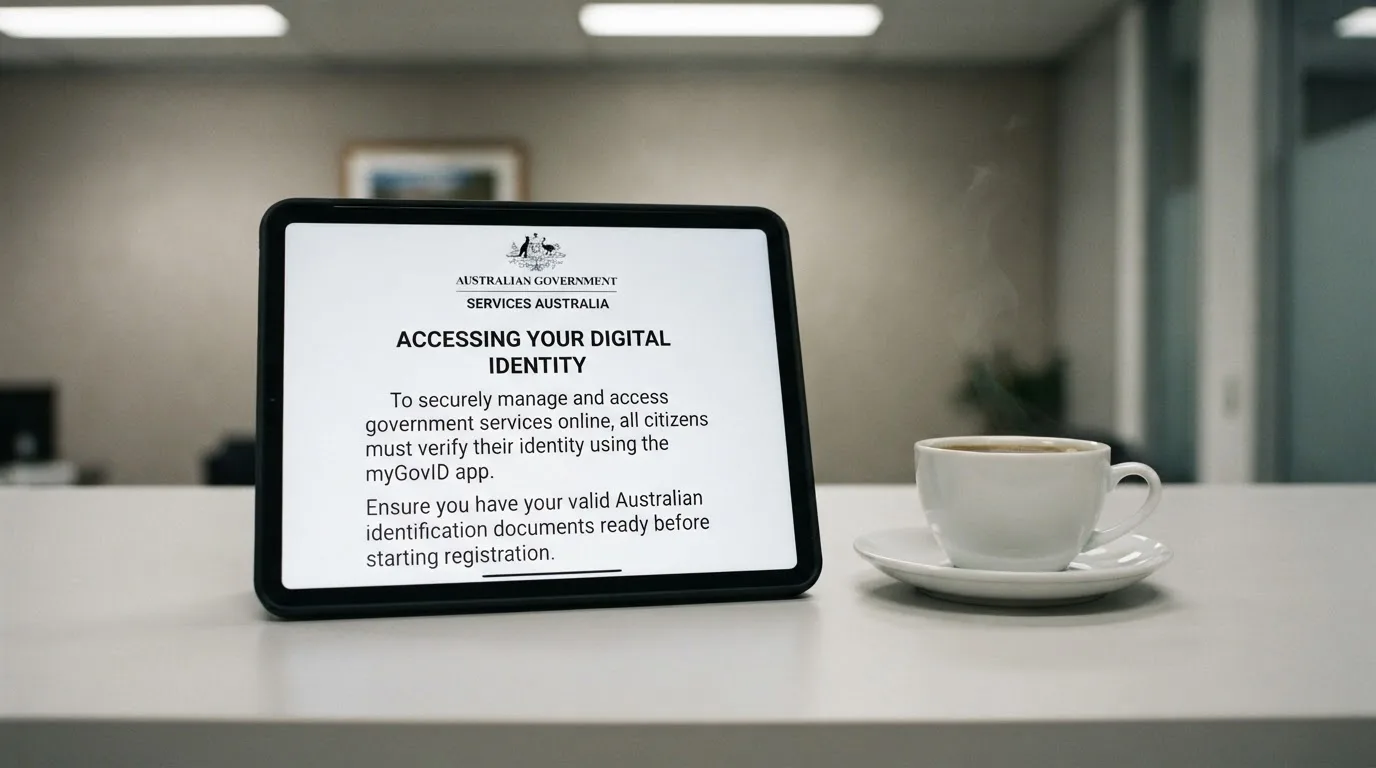A tablet on a desk displays a plain government-style warning notice page, with a coffee cup beside it.