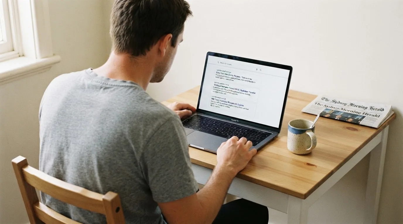 A person sits at a kitchen table, scrolling a laptop showing a general search results page about pokies apps.