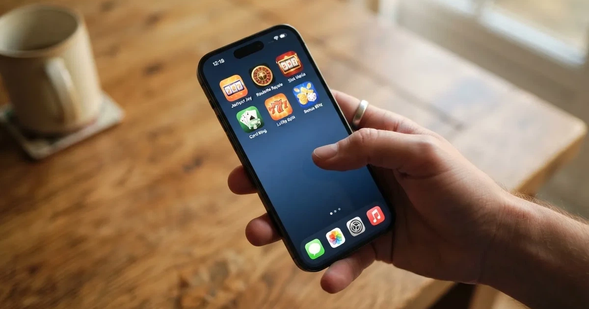 A hand holds a smartphone with an app icon grid visible on the home screen, thumb hovering over the display.