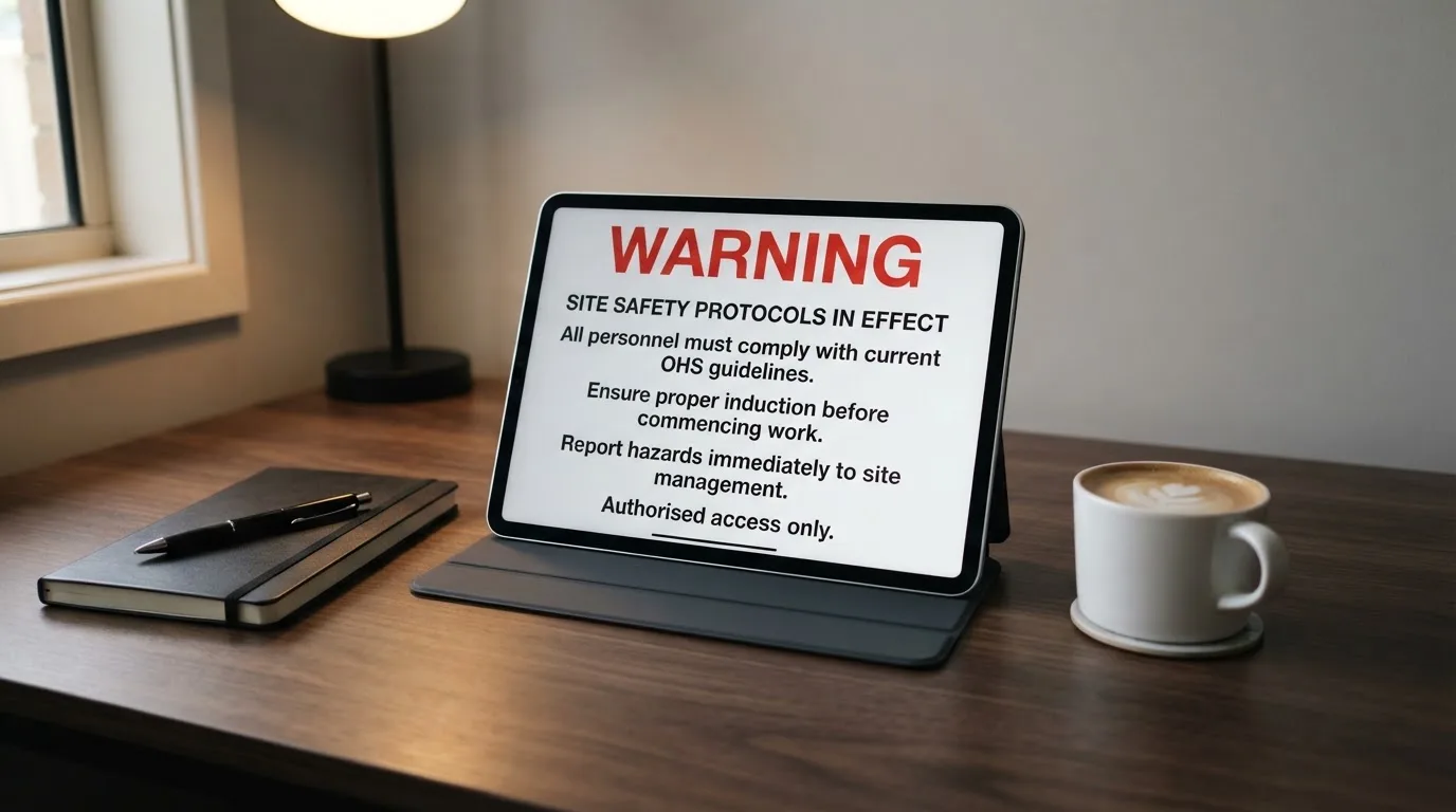 A tablet on a desk displays a plain government-style warning notice page, with a coffee cup beside it.