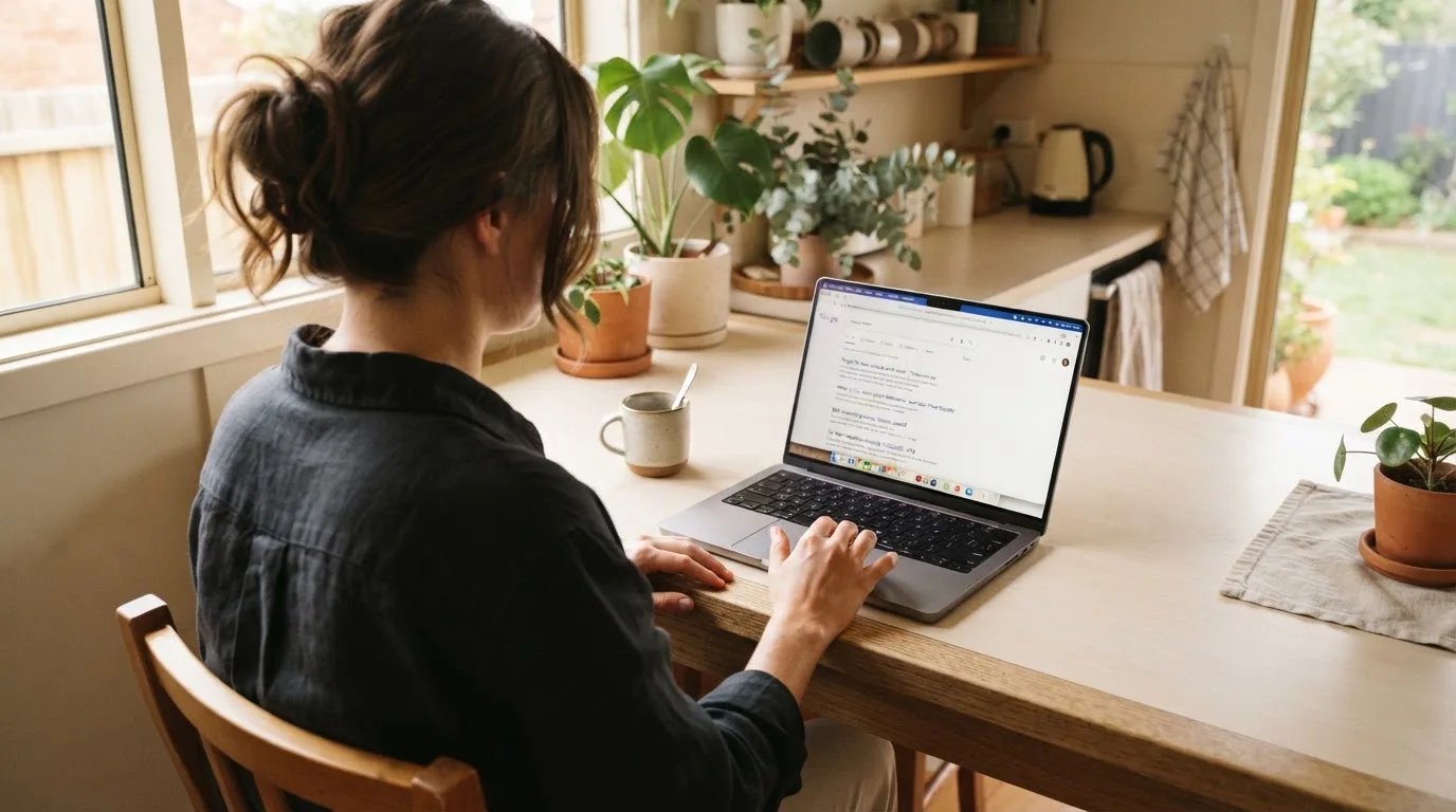 A person sits at a kitchen table, scrolling a laptop showing a general search results page about payout speed claims.