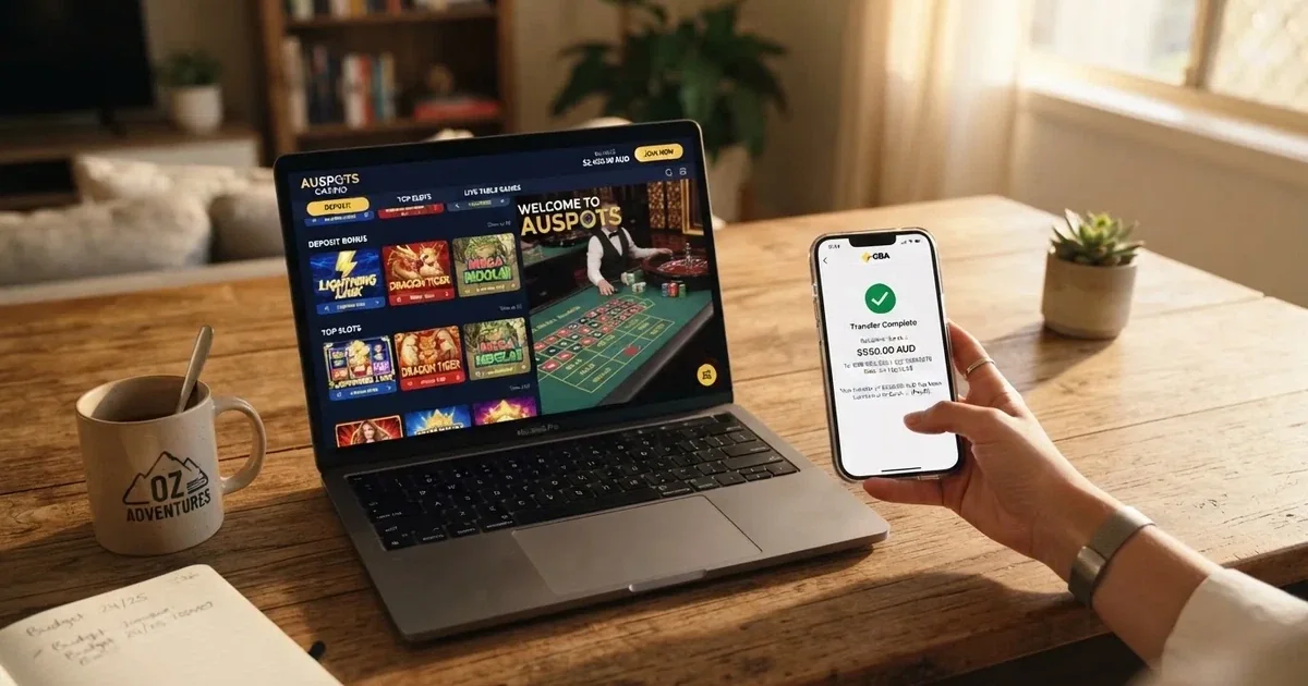 Close-up of a smartphone banking app open beside a laptop on a home desk, mid-transfer.