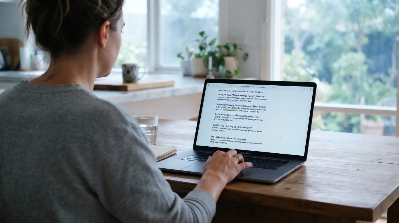 A person sits at a kitchen table, scrolling a laptop showing a general search results page about withdrawal timeframes.