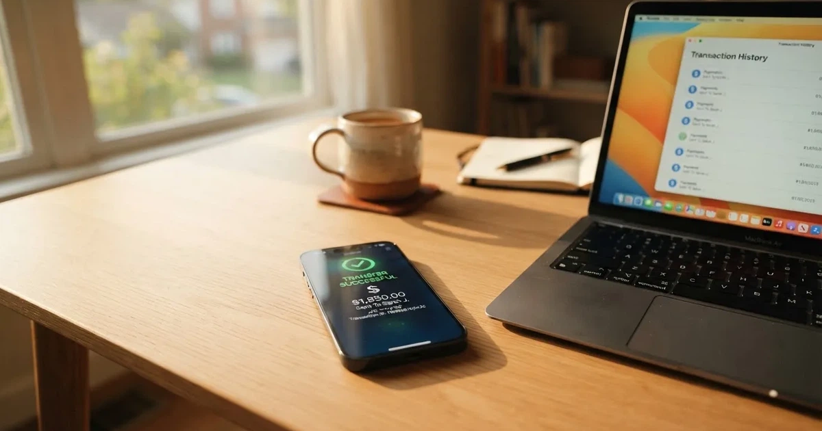 Close-up of a smartphone banking app open beside a laptop on a home desk, mid-transfer.