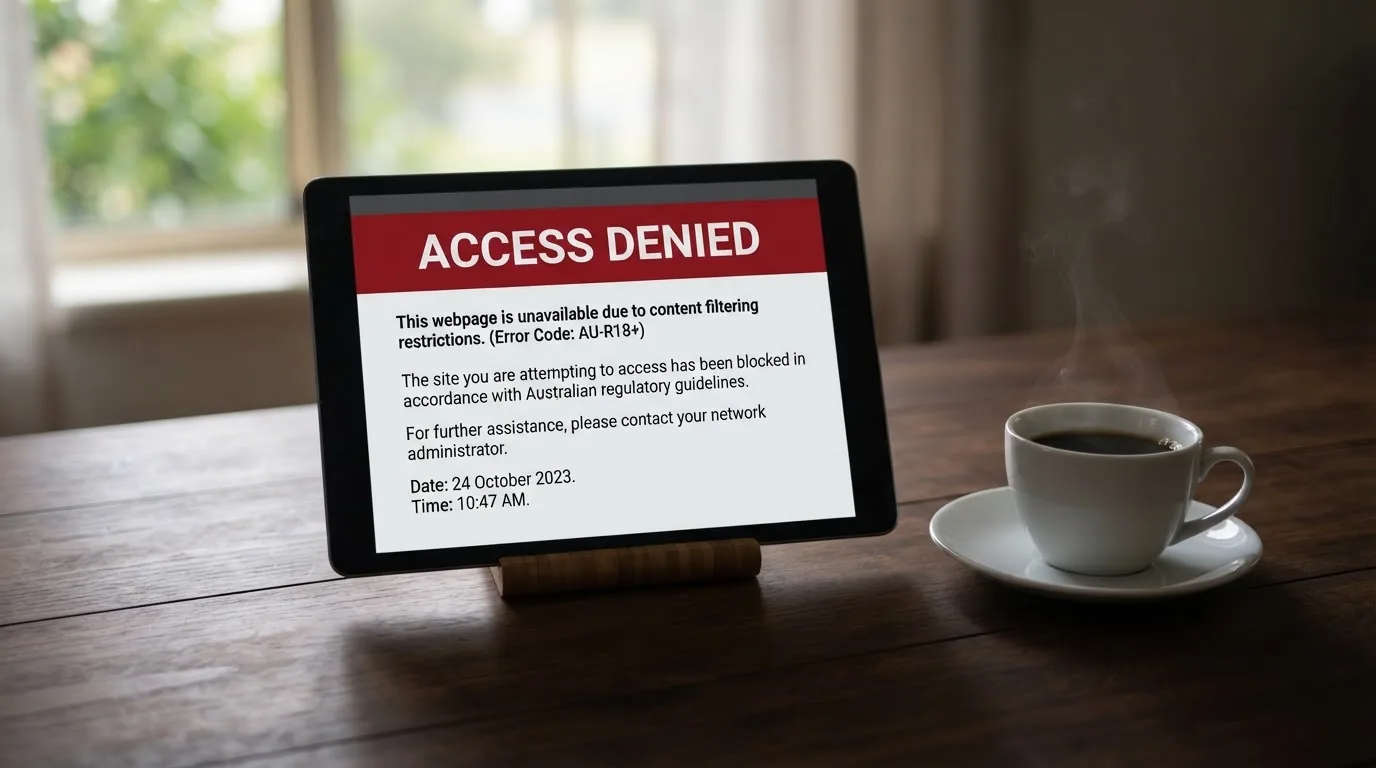 A tablet on a desk displays a plain government-style warning notice page, with a coffee cup beside it.